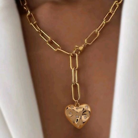 Cubic Zirconia Stars ob Heart Charm Y Lariat Necklace - Picture 1 of 7